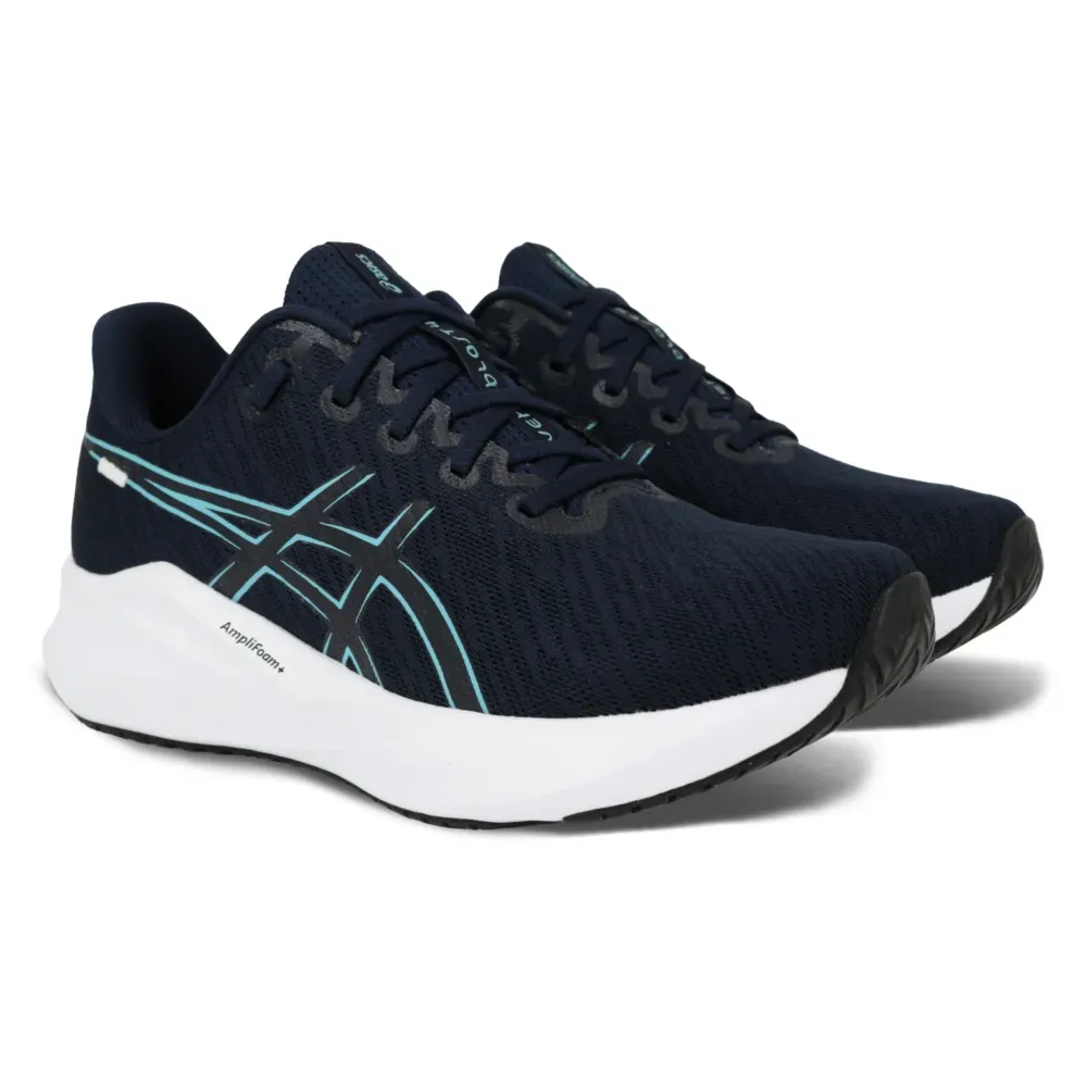 Tênis masculino Asics Versablast 4 azul em ângulo que destaca conforto e design esportivo